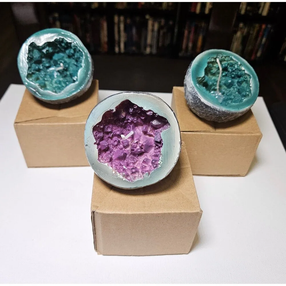 Set of 3 Faux Geode Crystal Candles Decorative Gemstone Decor Purple Teal